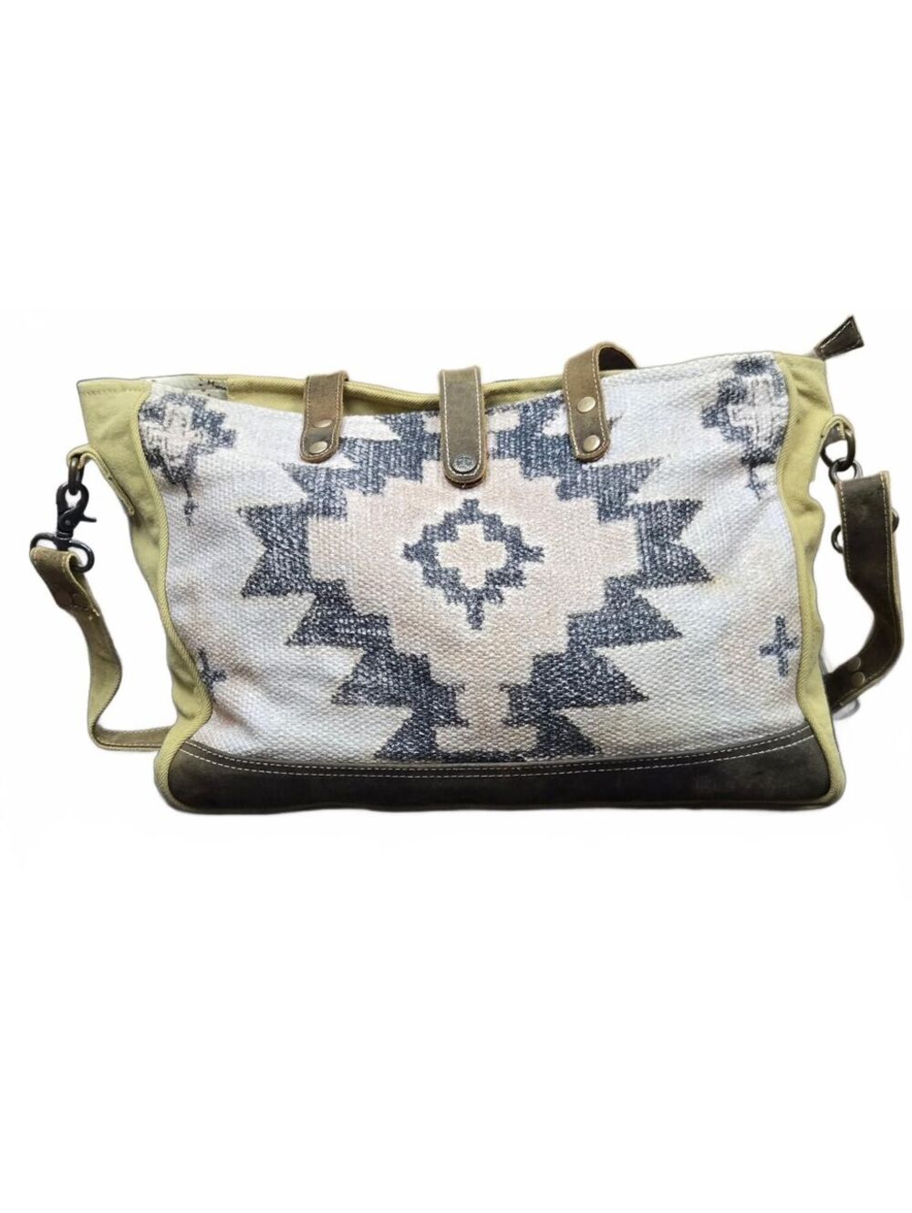 Large Canvas and Suede Tote Bag with Aztec Pattern - Picture 5 of 8